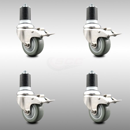 Service Caster 3 Inch 316SS Gray Poly Swivel 1-3/4 Inch Expanding Stem Caster Set Lock Brake SCC-SS316TTLEX20S314-PPUB-134-4